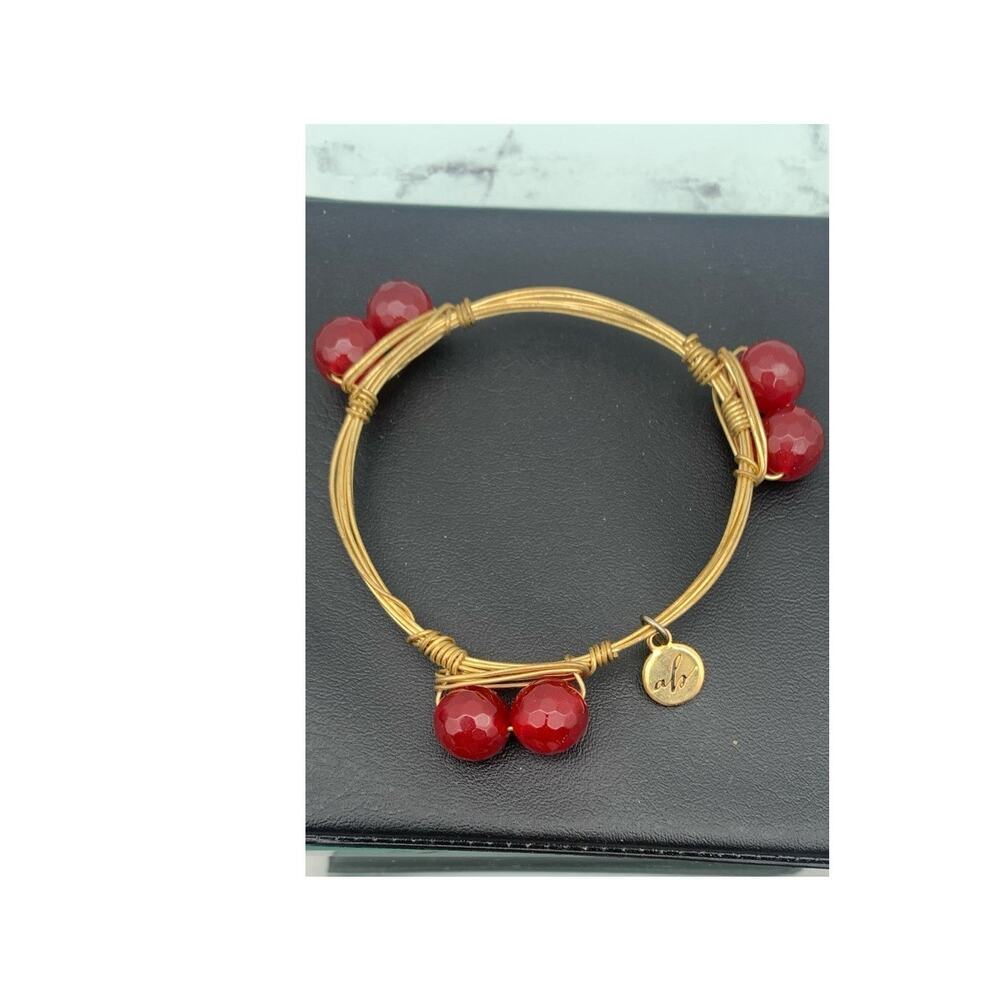 Gold Tone Wire Wrapped Faceted Red Glass Beads Bangle Bracelet Signed‎ ab
